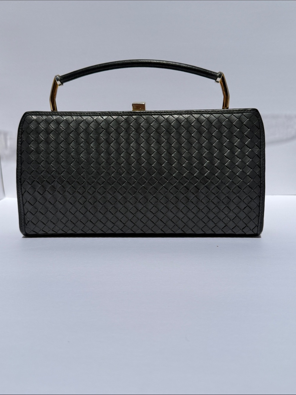 Woven Leather Top-Handle Clutch - Black